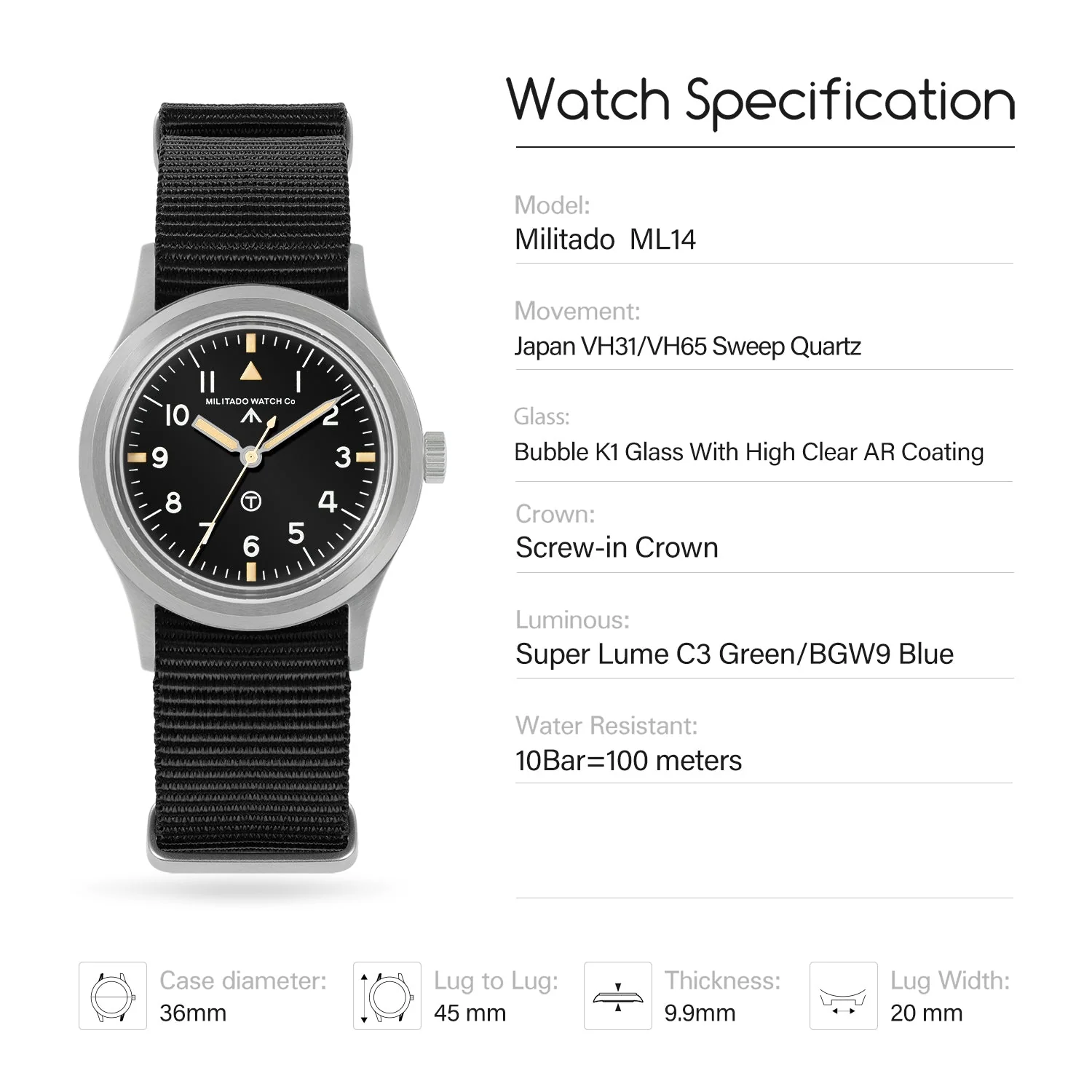 Militado 36mm Retro Military Watch VH31/VH65 Sweeping Hand ML14 V2 - Image 101