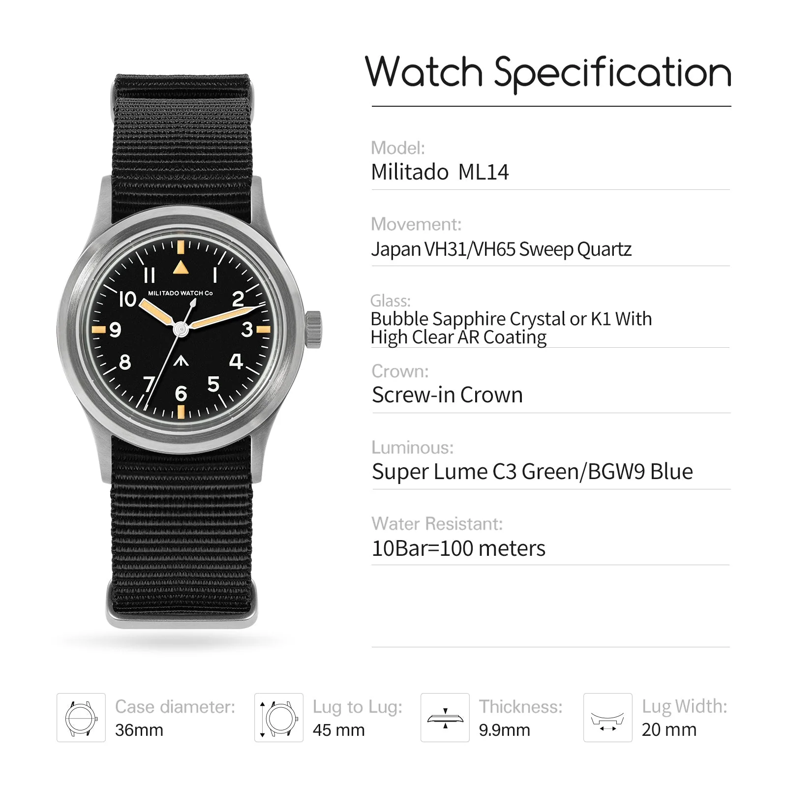 Militado 36mm Retro Military Watch VH31/VH65 Sweeping Hand ML14 V2 - Image 22
