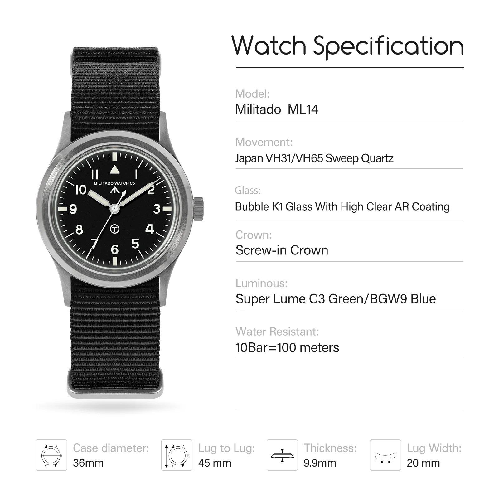 Militado 36mm Retro Military Watch VH31/VH65 Sweeping Hand ML14 V2 - Image 45