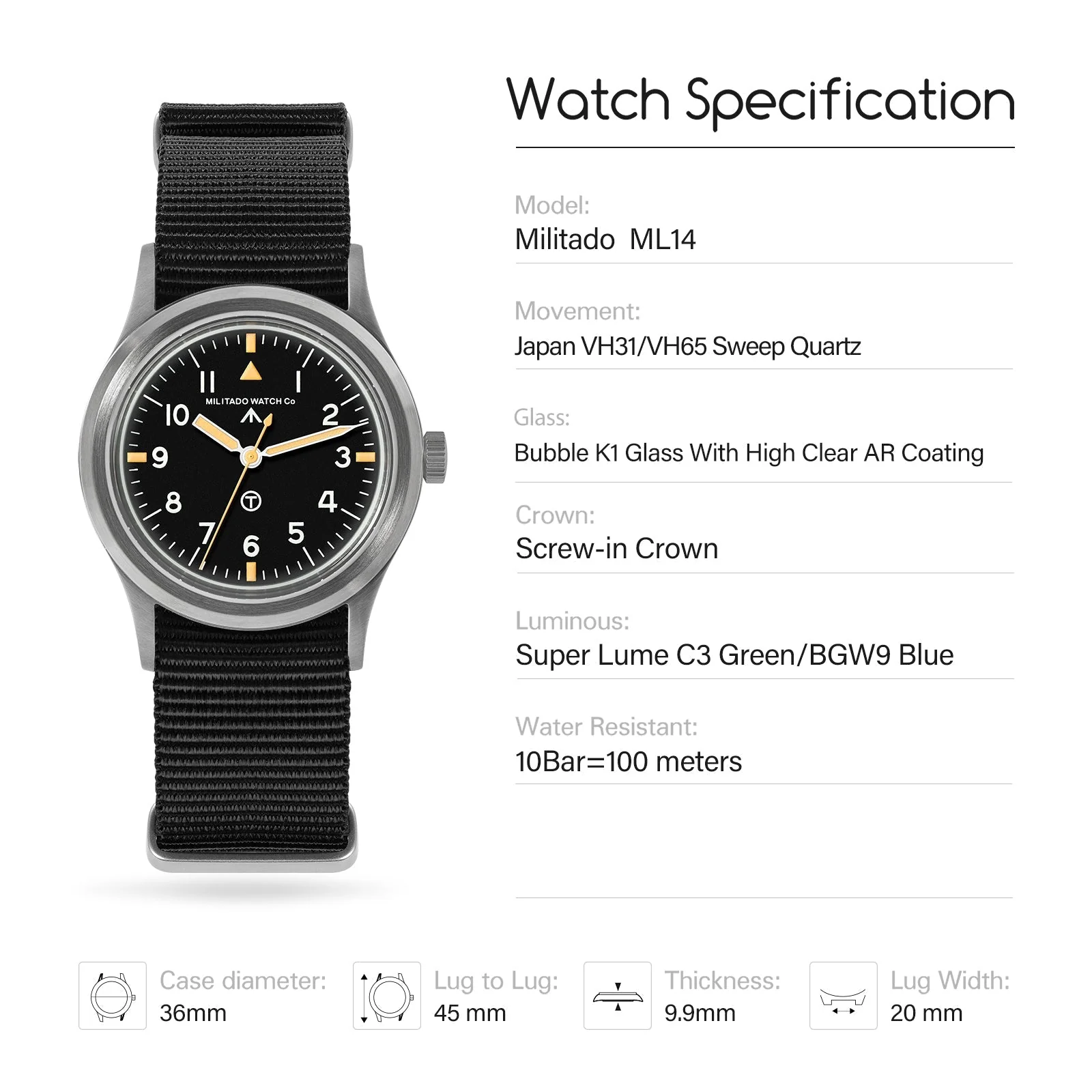 Militado 36mm Retro Military Watch VH31/VH65 Sweeping Hand ML14 V2 - Image 50