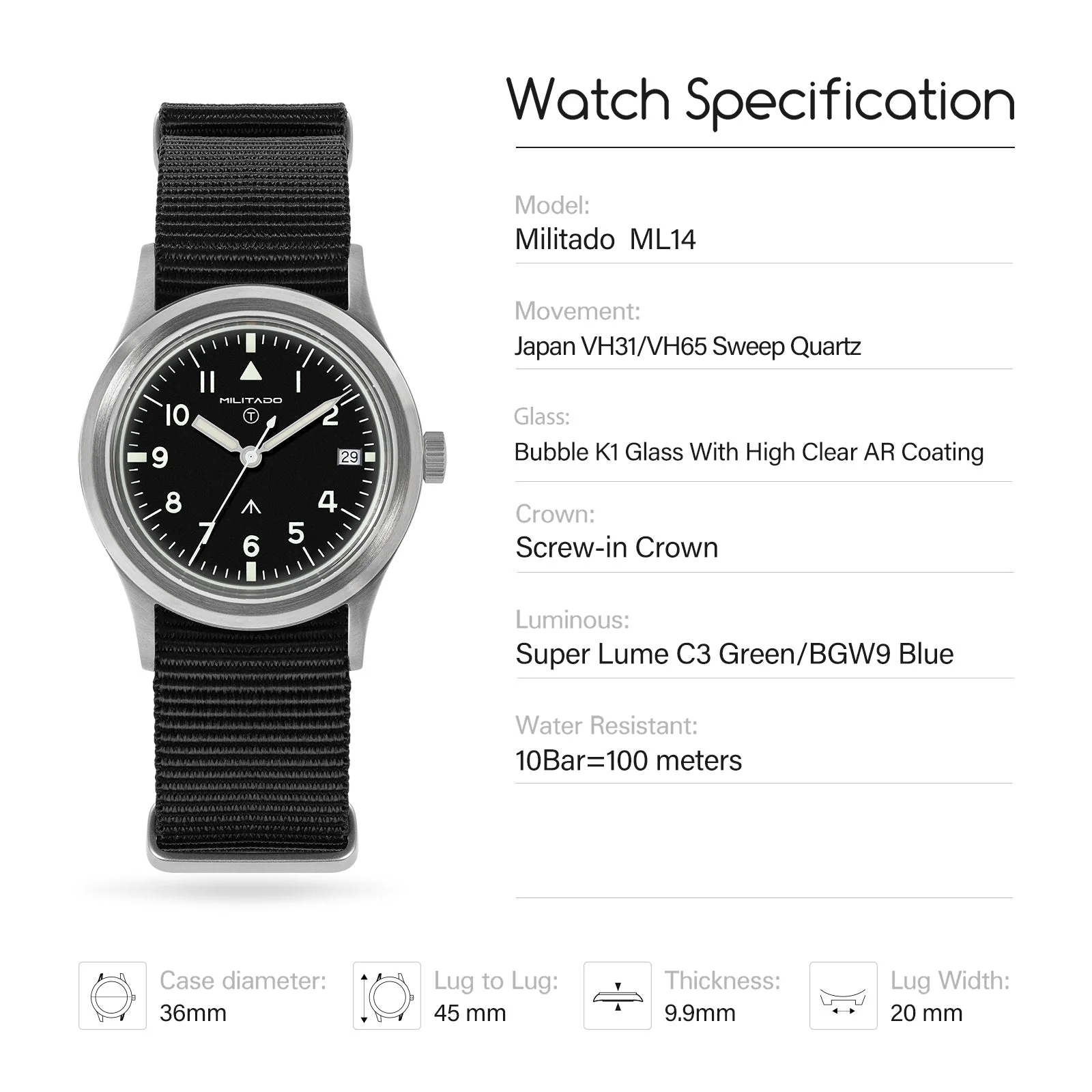 Militado 36mm Retro Military Watch VH31/VH65 Sweeping Hand ML14 V2 - Image 57