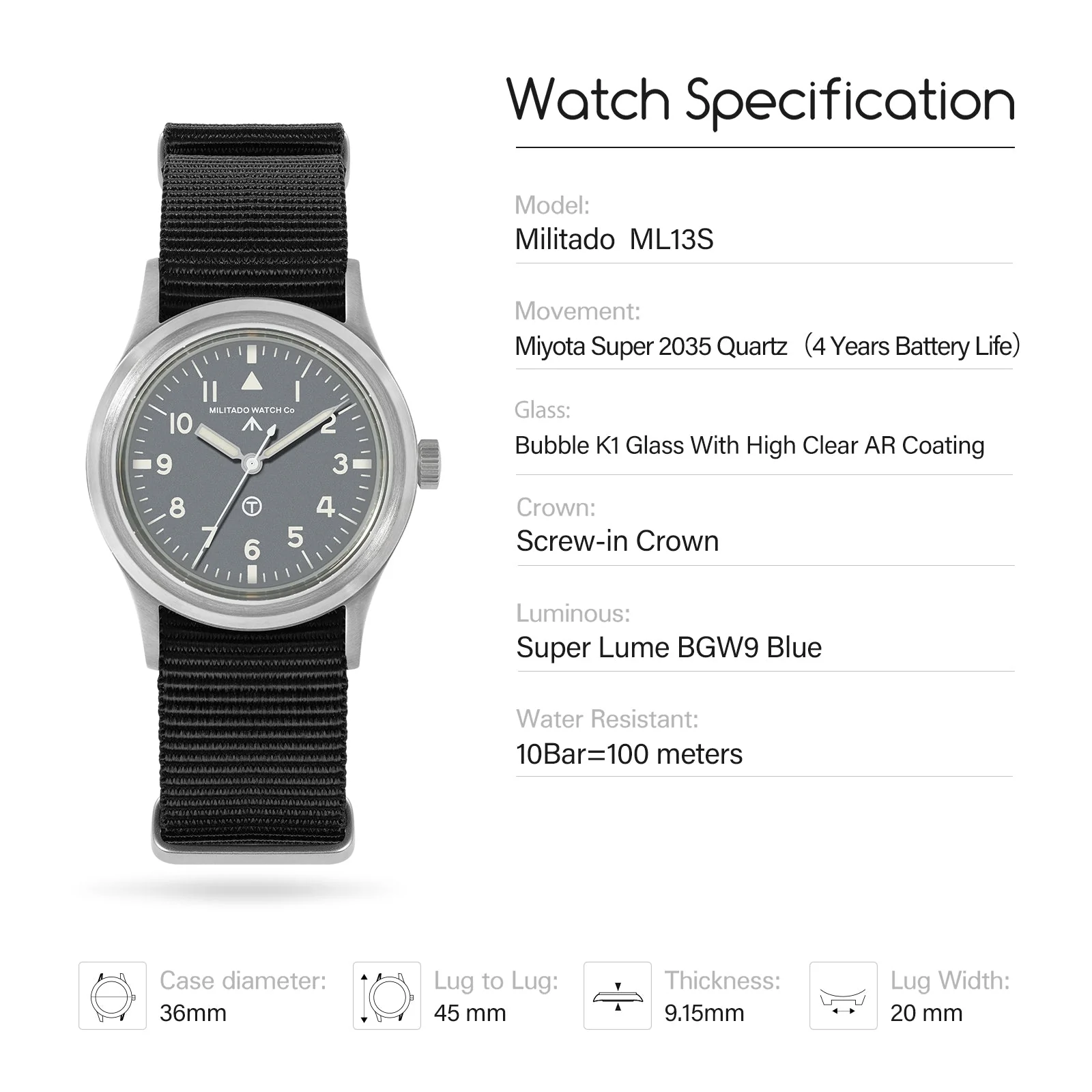Militado 36mm Retro Military Watch VH31/VH65 Sweeping Hand ML14 V2 - Image 67