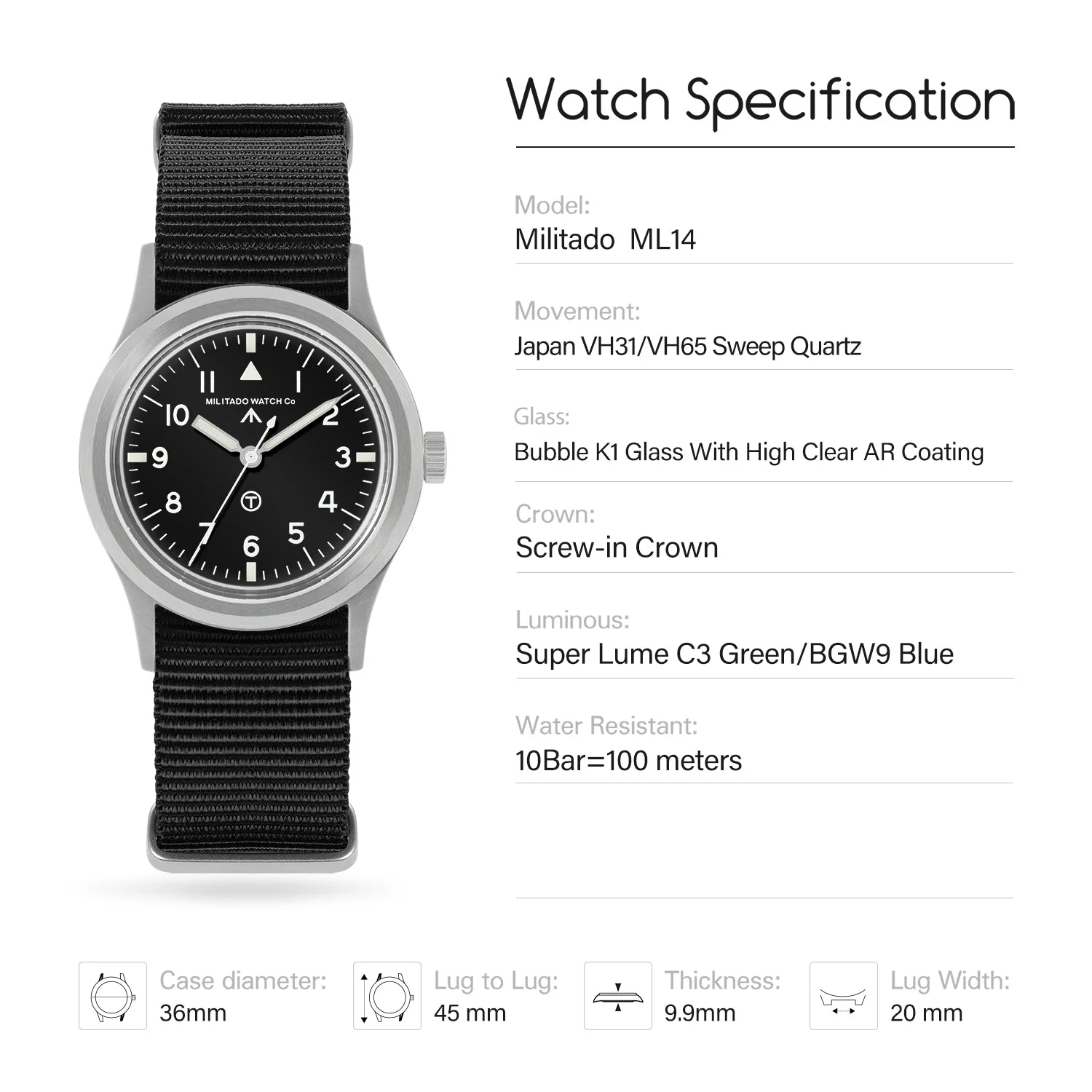 Militado 36mm Retro Military Watch VH31/VH65 Sweeping Hand ML14 V2 - Image 97