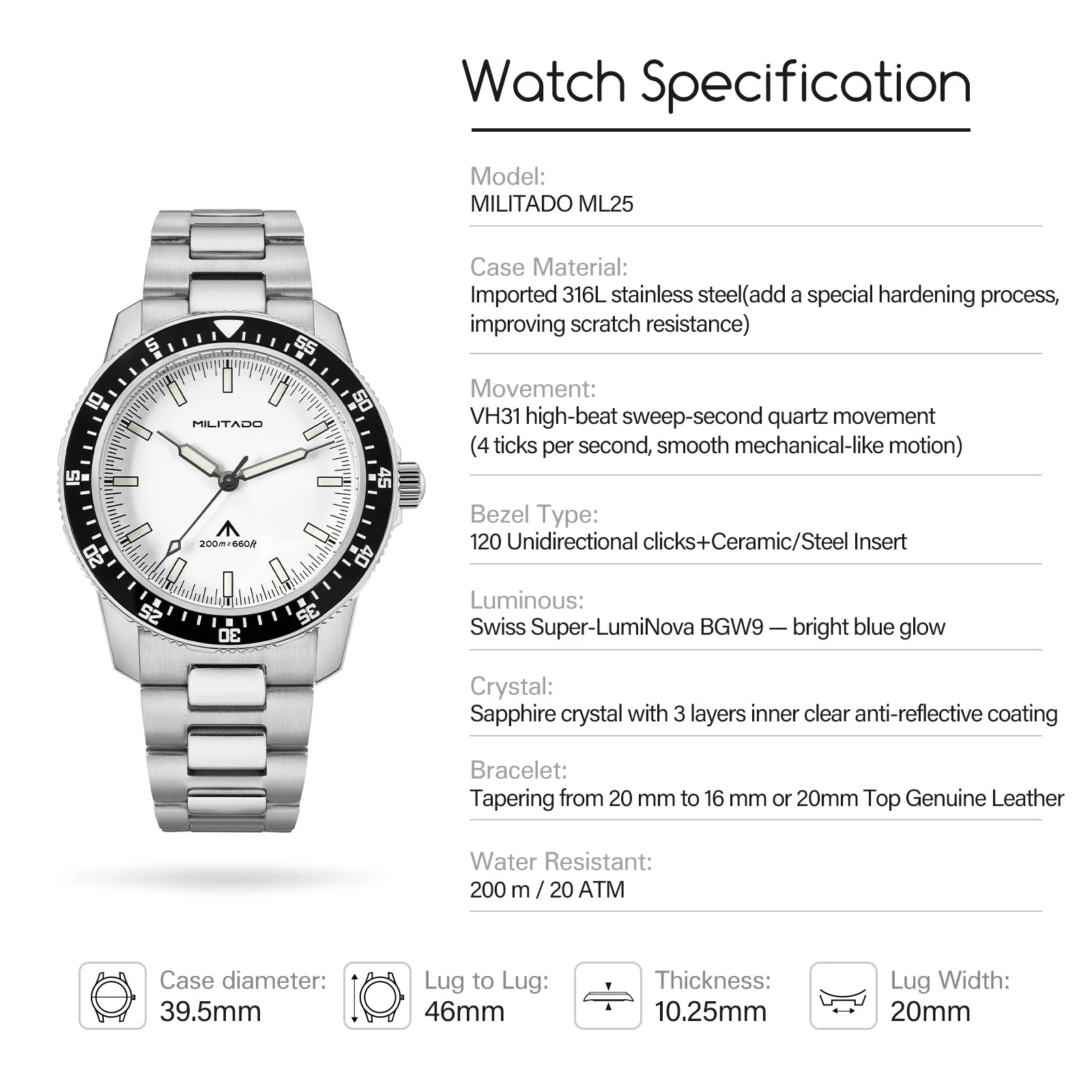 Militado 39.5mm Men Watch VH31 Sweeping Movt ML25 - Image 7